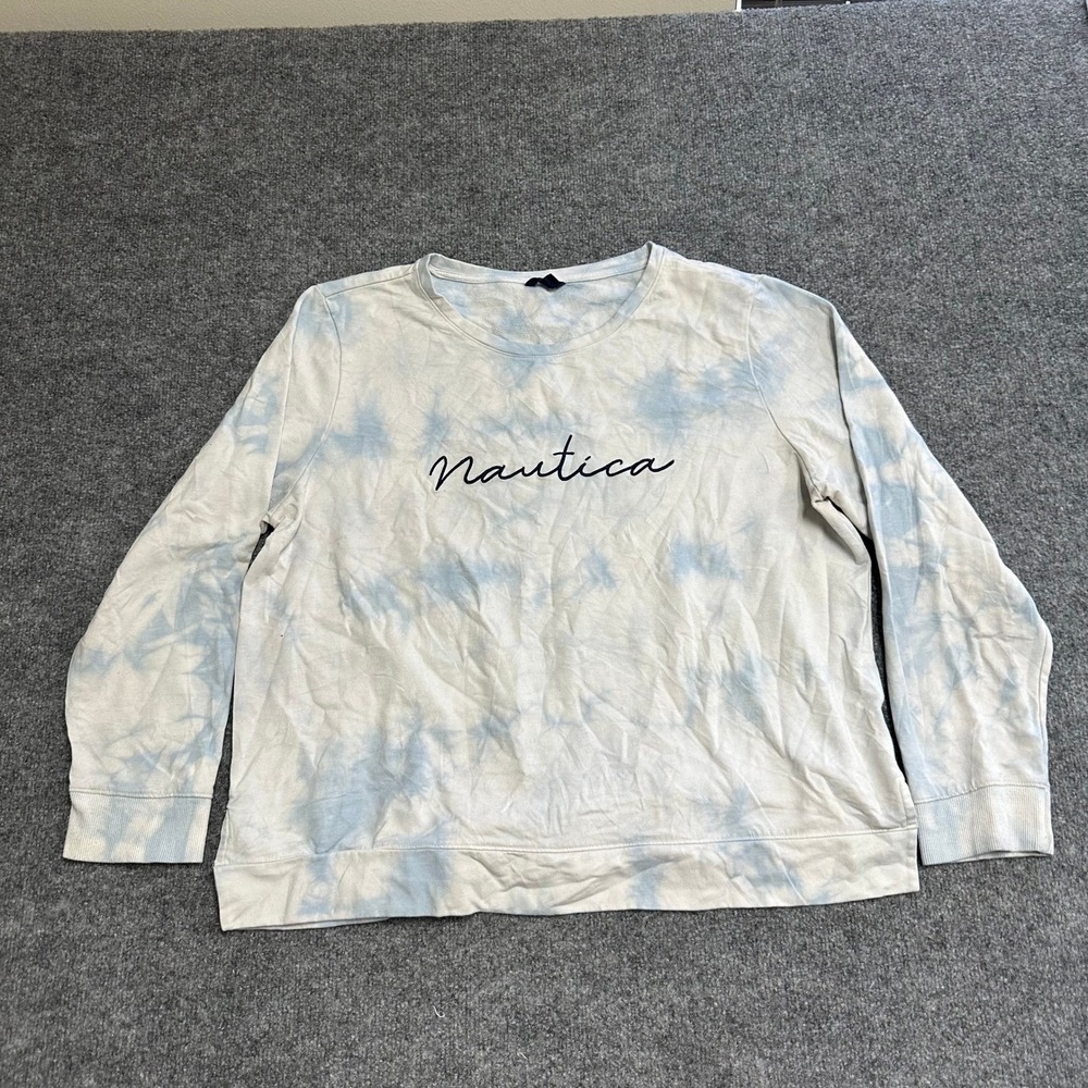 Nautica Sweatshirt Womens XXL Blue Tie Dye Script Logo Long Sleeve Crewneck